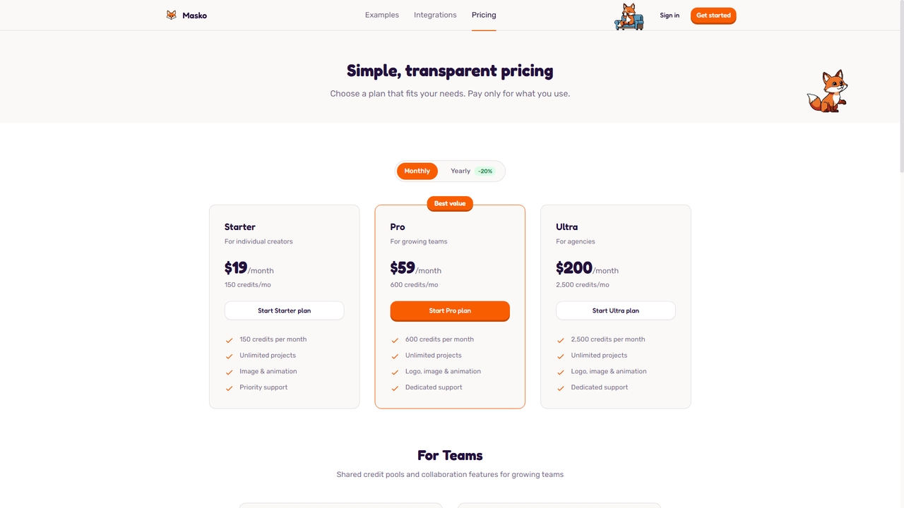 Mascot Generator Pricing - Plans & Credits for Masko