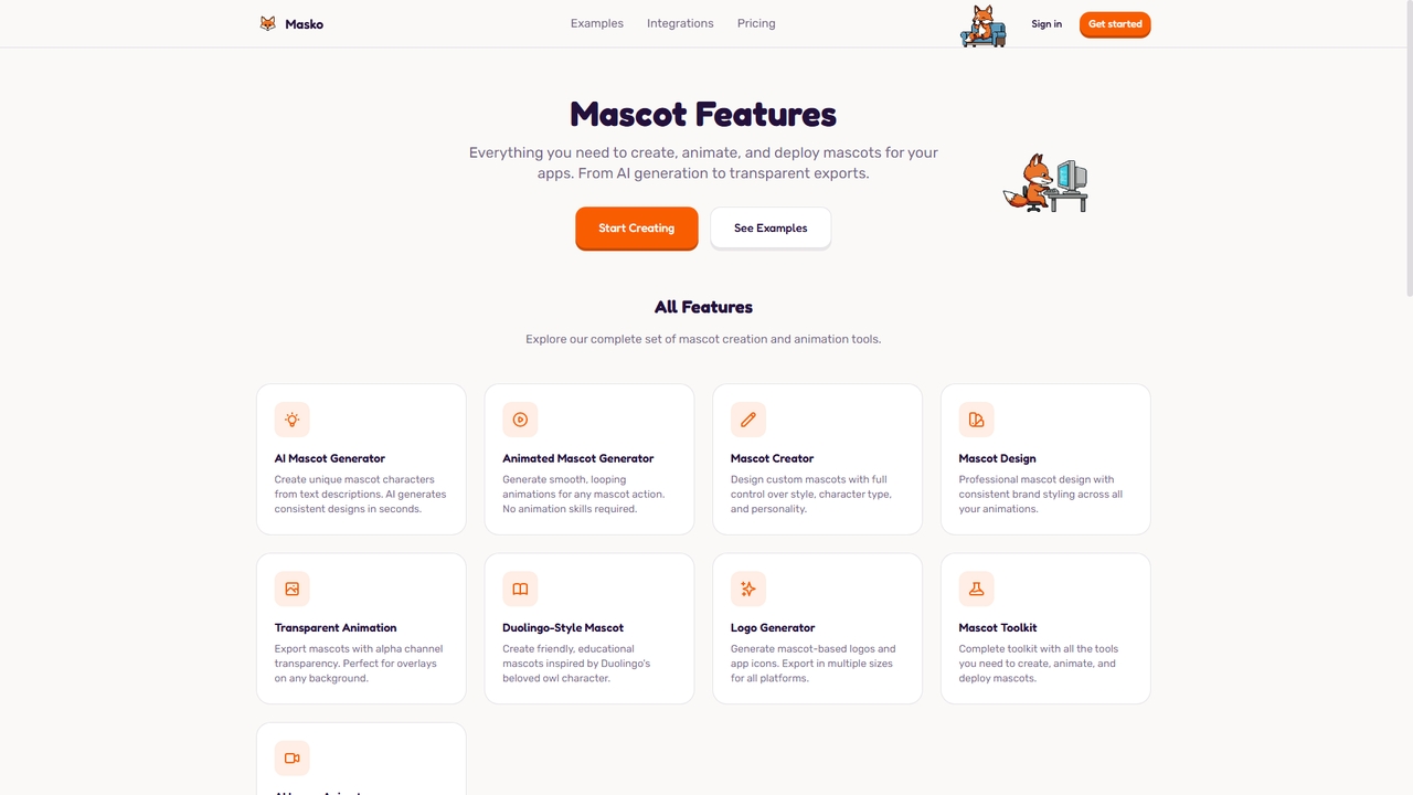Mascot Features - AI Generator, Animation & More | Masko for Masko