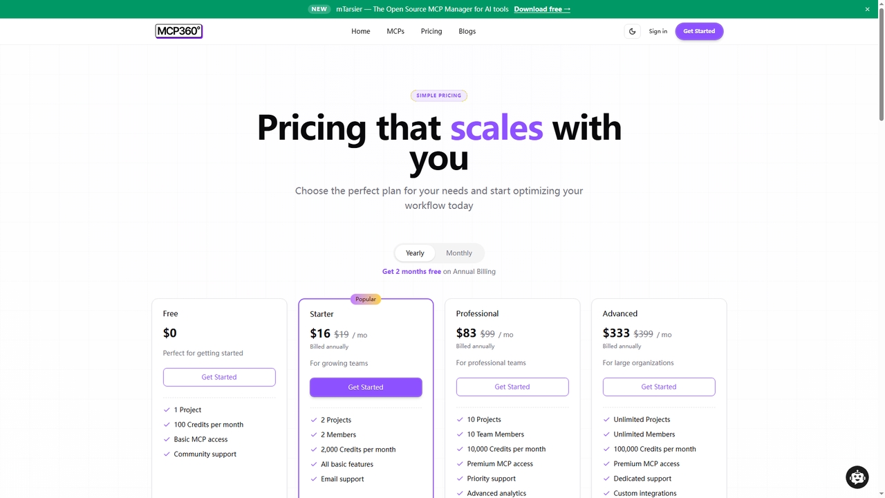 MCP360 Pricing | Flexible, Scalable & Transparent Plans | MCP360 for MCP360