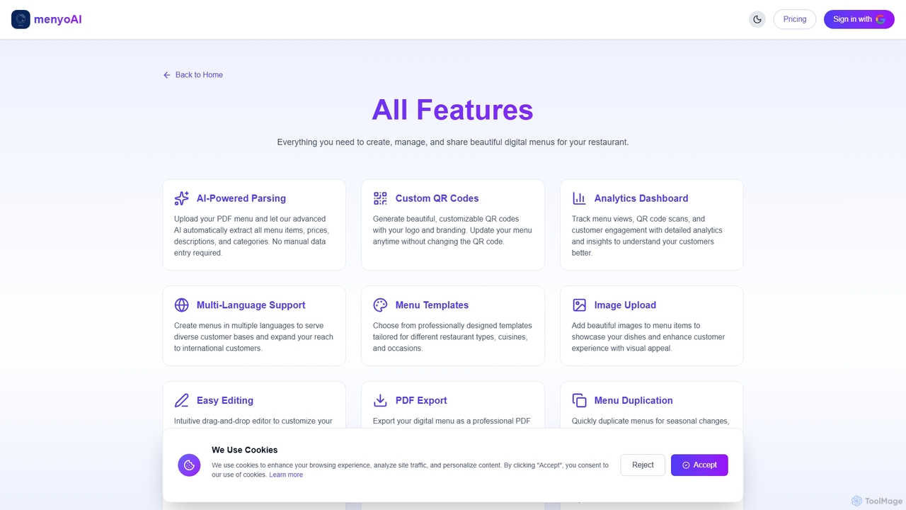 Features - Complete Menu Management Solution | Menyo AI for Menyo AI
