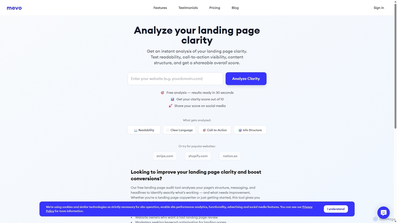 Free Landing Page Clarity Score Analysis - Mevo for Mevo
