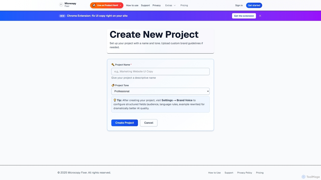 Create Project — Import CSV or add UI strings manually for Microcopy Fixer