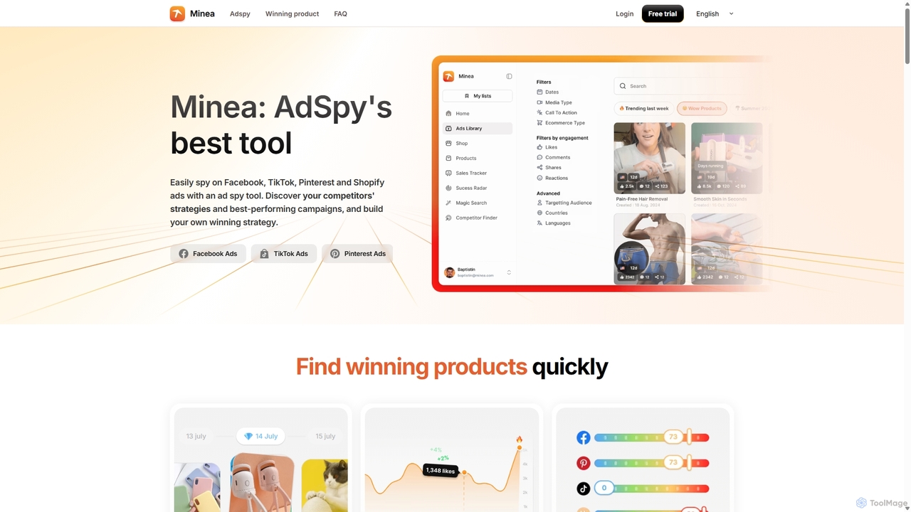 The ultimate AdSpy tool for e-commerce domination for Minea