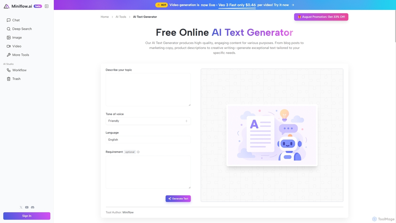 Free Online AI Text Generator | Miniflow for Miniflow.ai