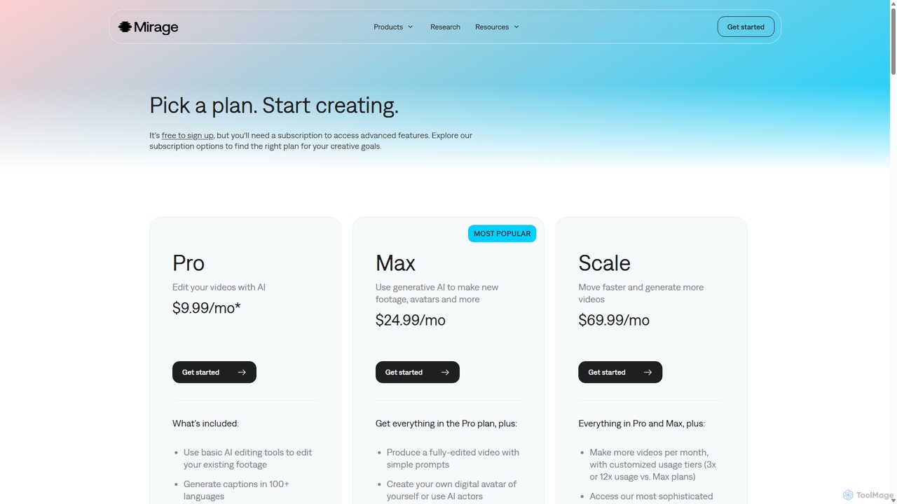 Captions AI Pricing | Explore Subscription Plans for Mirage