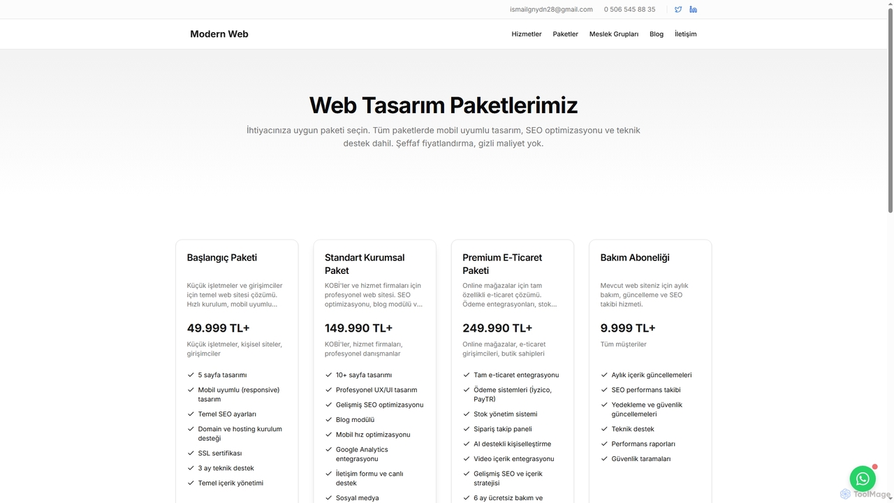 Web Tasarım Paketlerimiz | Fiyatlar ve Özellikler | Modern Web Tasarım for Modernwebseo