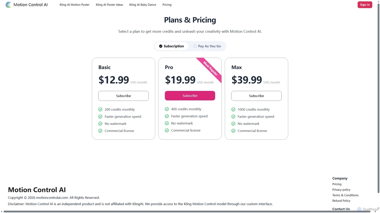Pricing | Kling Motion Controlor for Motion Control AI