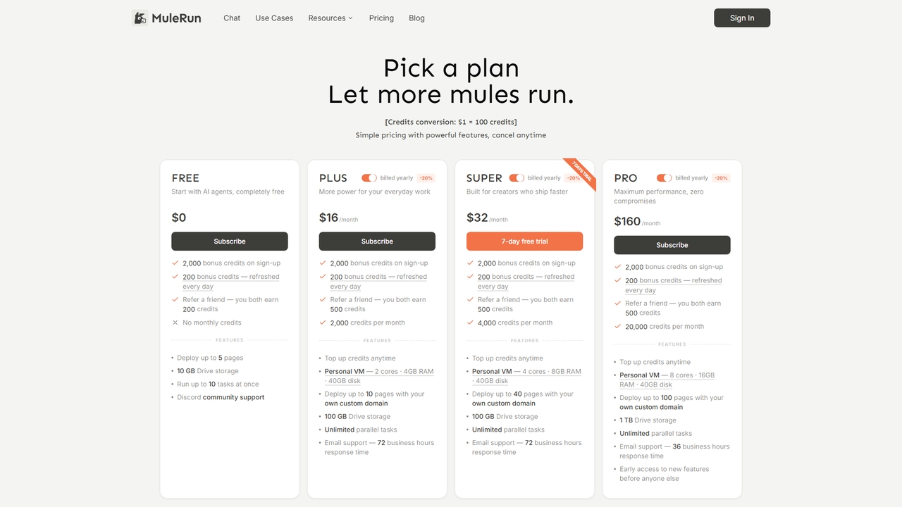 MuleRun AI Agent - Pricing Plan for Mulerun