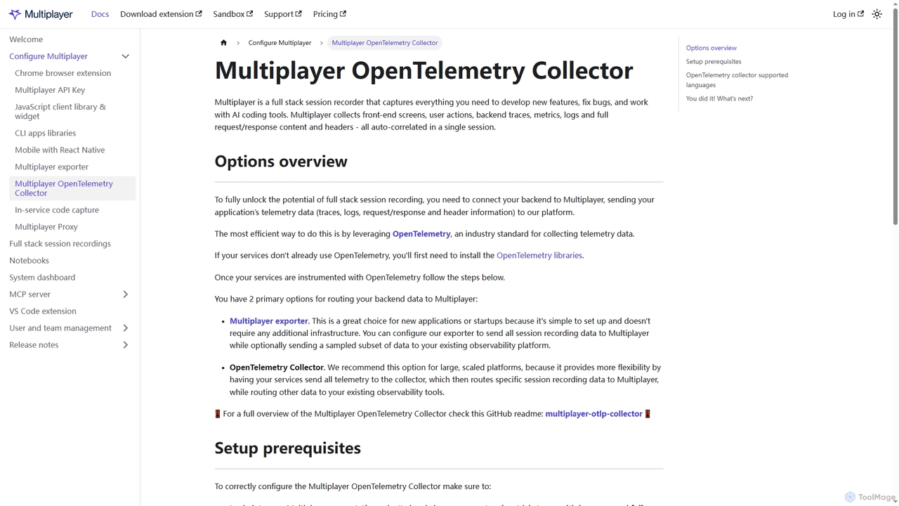 Multiplayer OpenTelemetry Collector | Multiplayer Documentation | Setup Guides for Full-Stack Session Recordings & More for Multiplayer