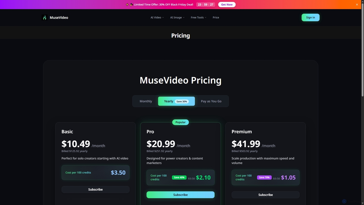 Pricing | MuseVideo - AI Video Generator | Create Videos from Text & Images for Musevideo
