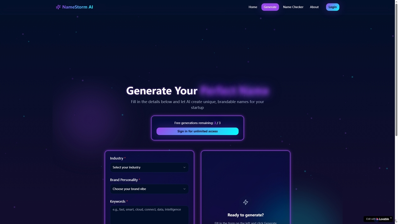 NameStorm AI - AI-Powered Startup Name Generator for NameStorm AI