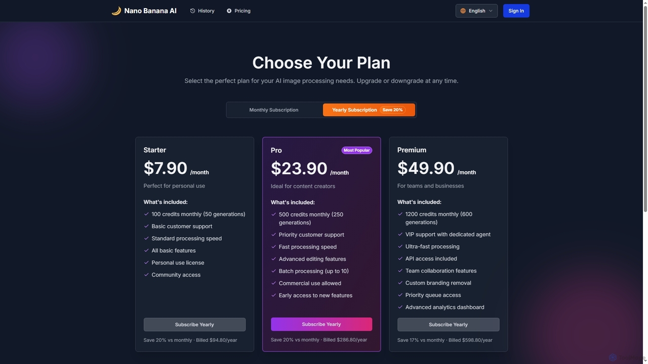 Pricing - AI Image Processing Plans for Nano Banana AI