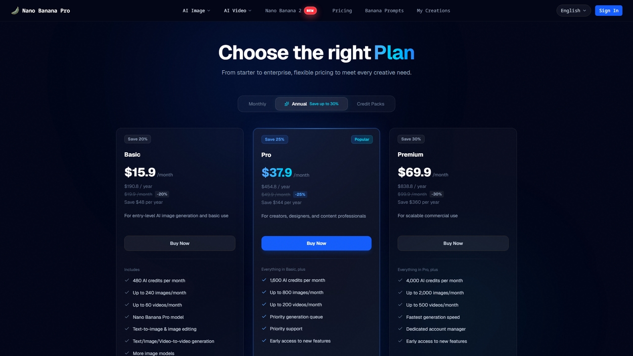 Plans & Pricing | Nano Banana Pro for Nano Banana Pro