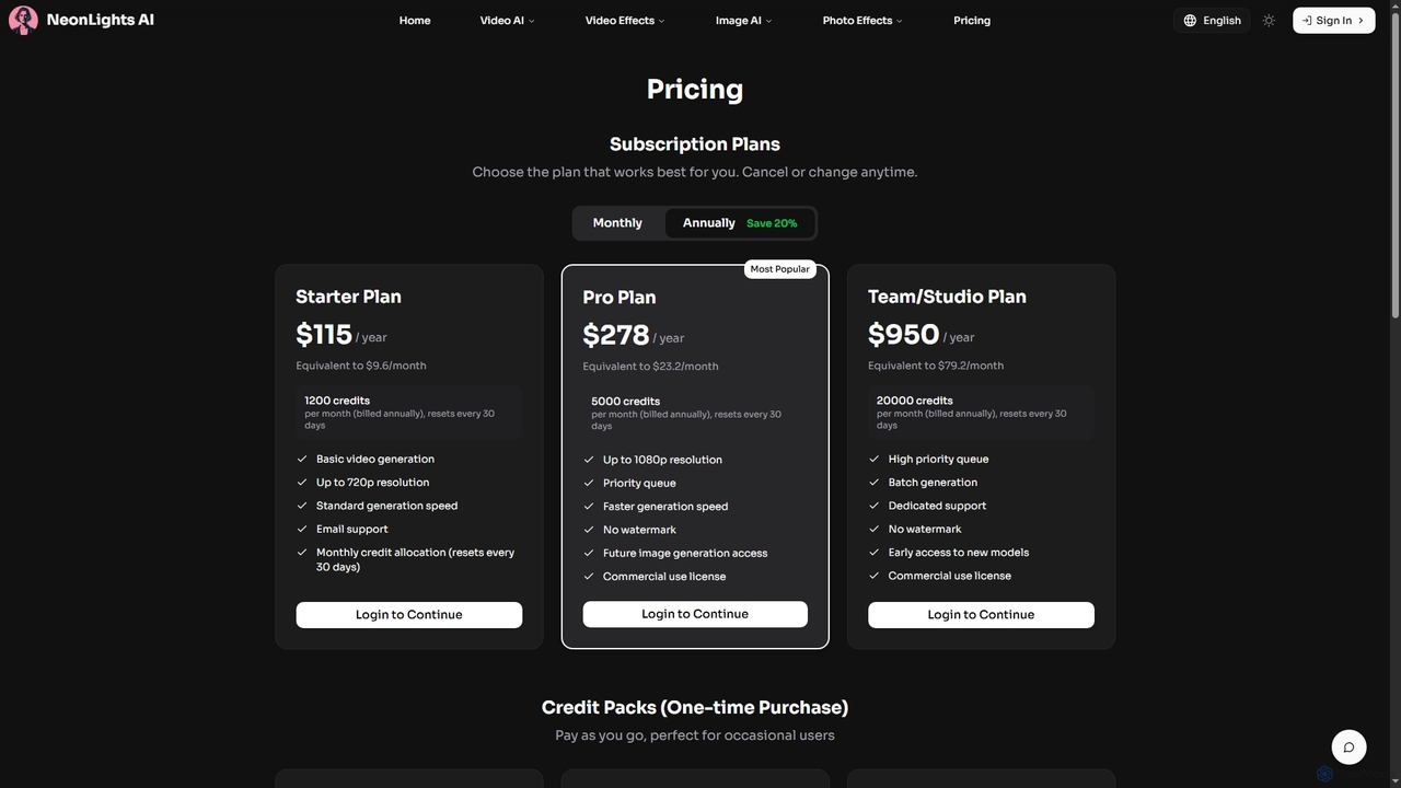 Pricing Plans - AI Video Effects & Image Generation | NeonLights AI for NeonLights AI