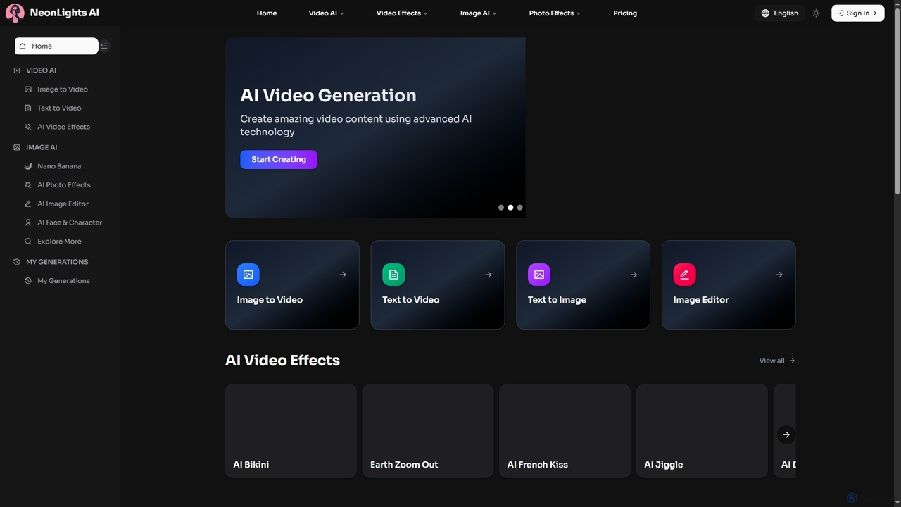 AI Video Effects & Image Generation Tools for NeonLights AI