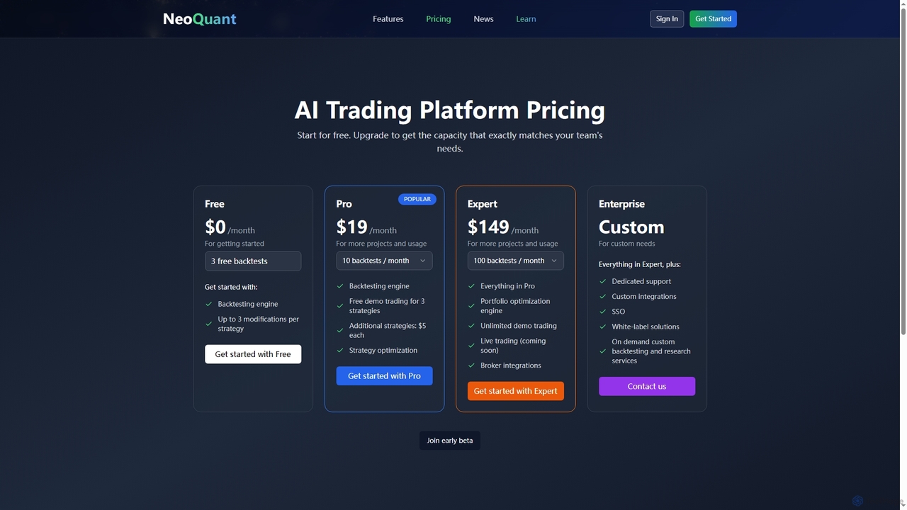 Pricing Plans - Choose Your AI Trading Subscription | NeoQuant for Neoquant