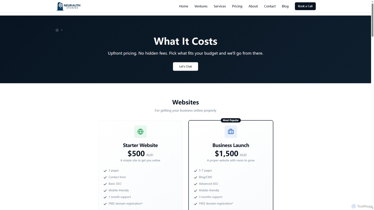 Pricing | Fair Rates for Websites & Apps - Brisbane Developer for Neuralith