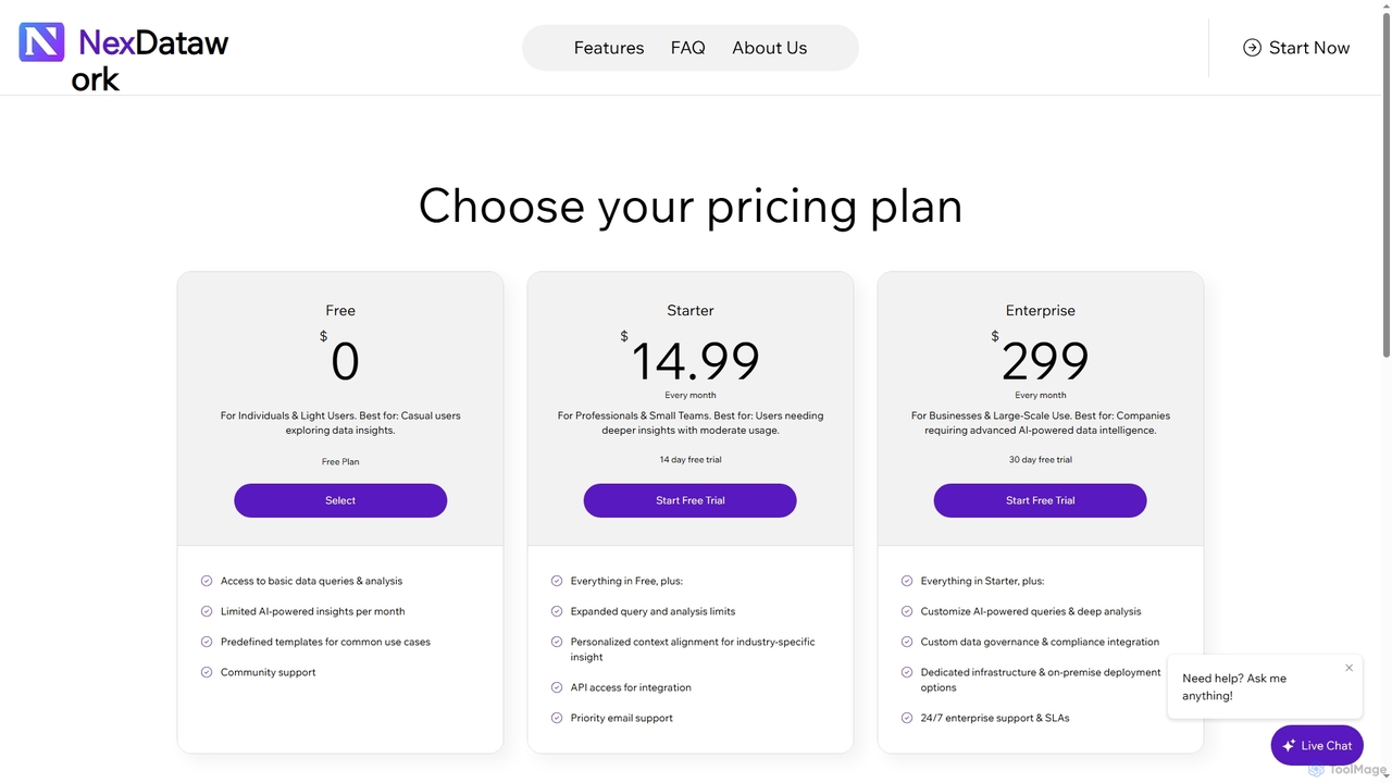 Plans & Pricing | NexDatawork for NexDatawork
