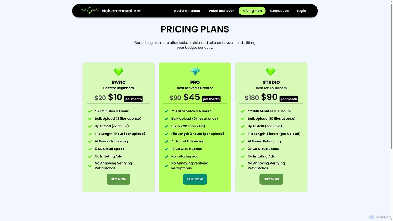 Pricing Plan - Noiseremoval.net for Noiseremoval.net