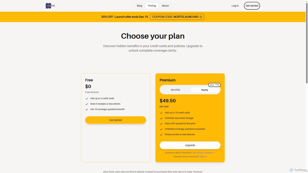 Norte Pricing - Free Coverage Checker | €49.50/year for Norte