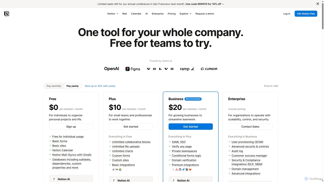 Notion Pricing Plans: Free, Plus, Business, Enterprise, & AI. for Notion