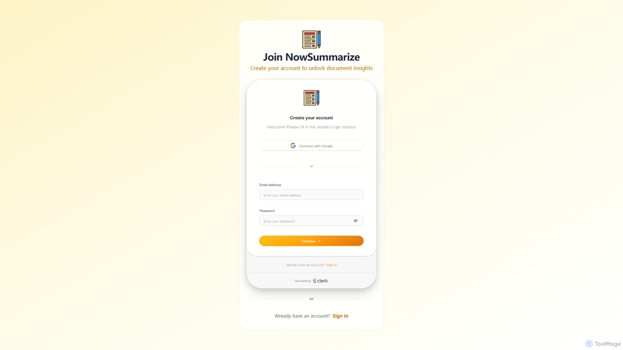 Sign Up - NowSummarize | Start Summarizing Documents with AI for NowSummarize