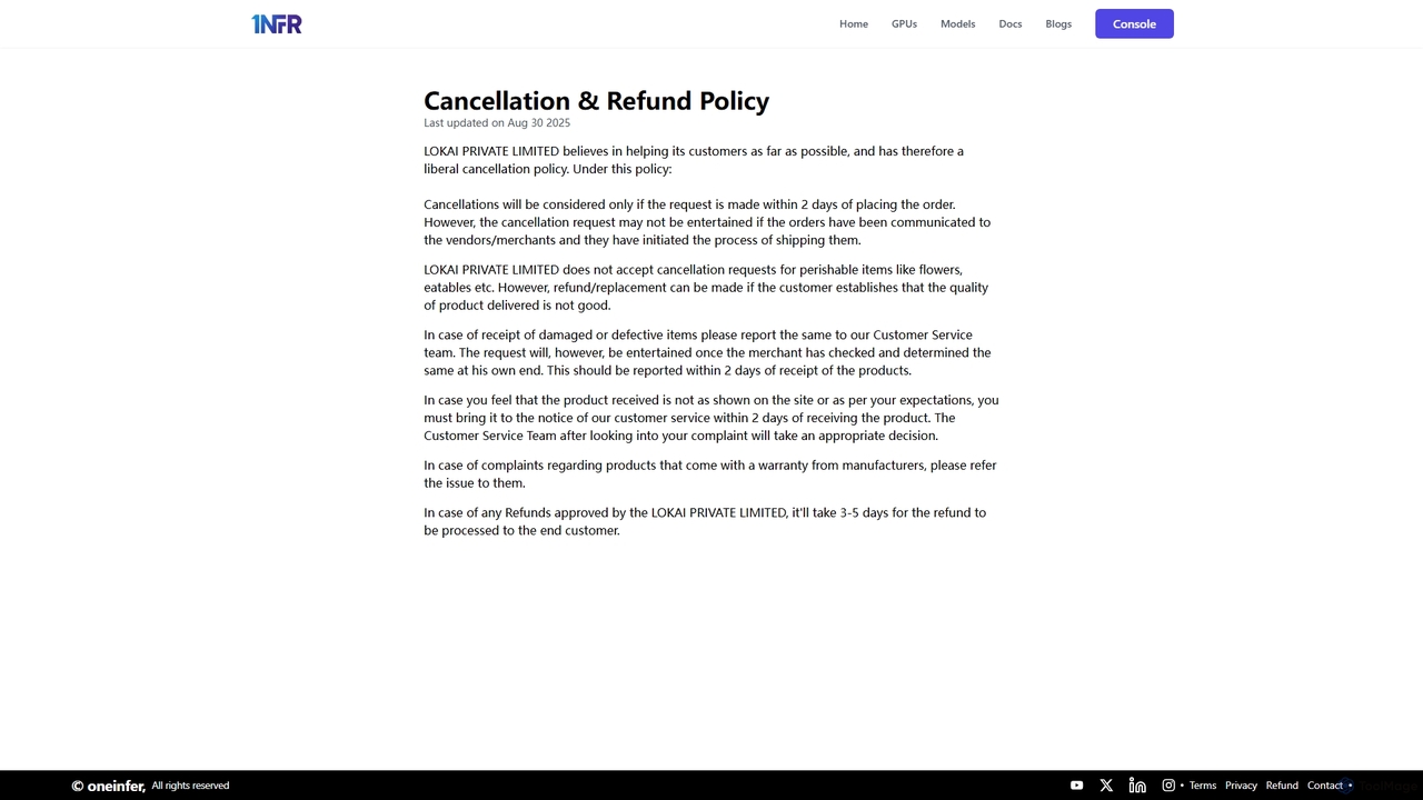 Cancellation & Refund Policy - OneInfer for Oneinfer