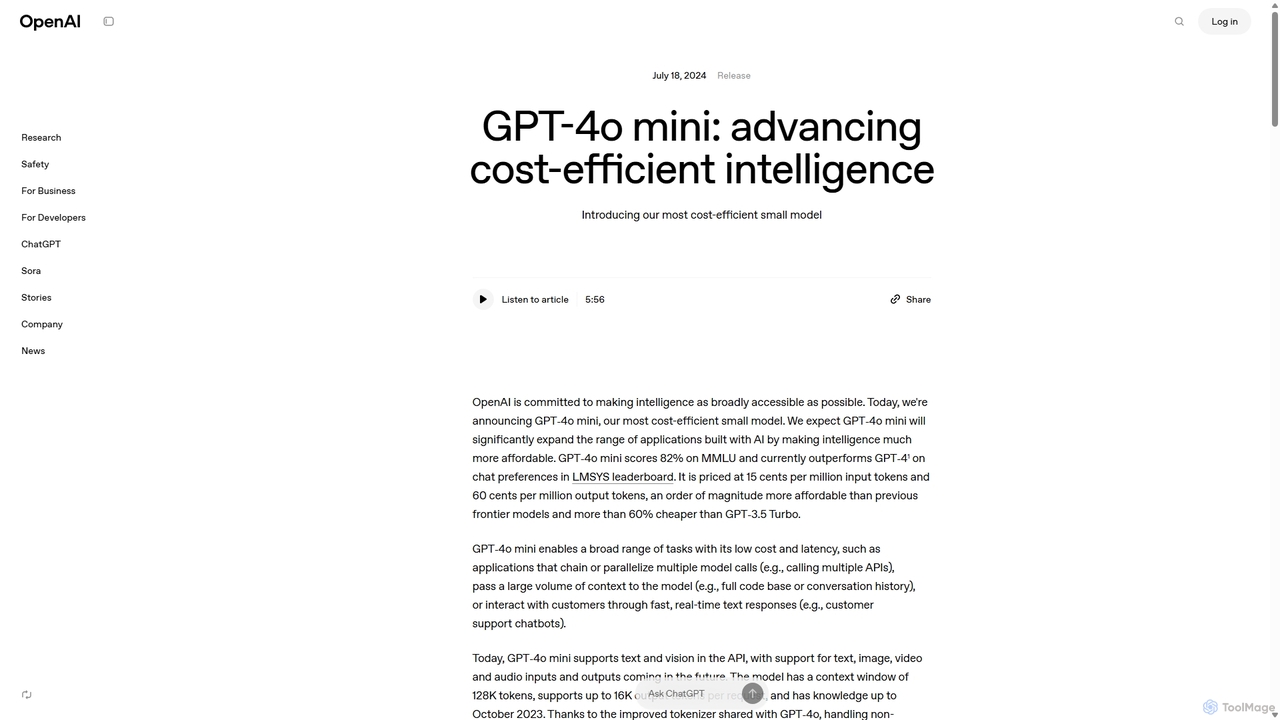 GPT-4o mini: advancing cost-efficient intelligence | OpenAI for OpenAI