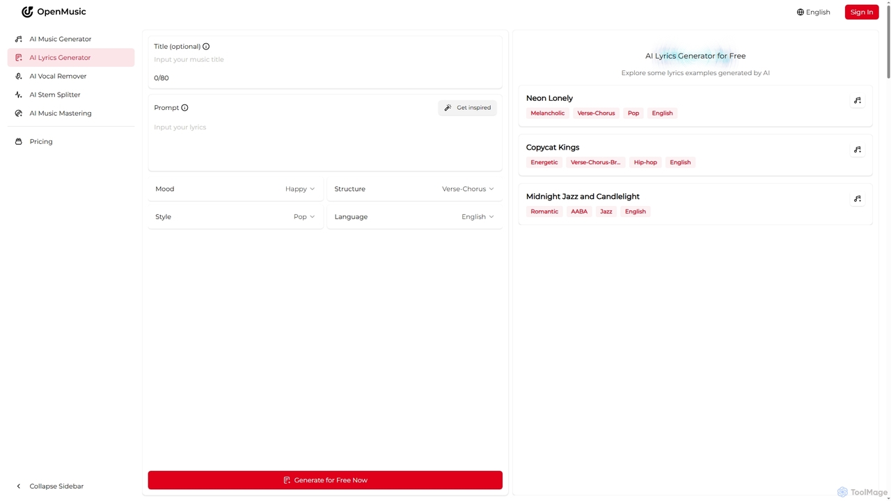 OpenMusic AI Lyrics Generator | Write Song Lyrics with AI for OpenMusic