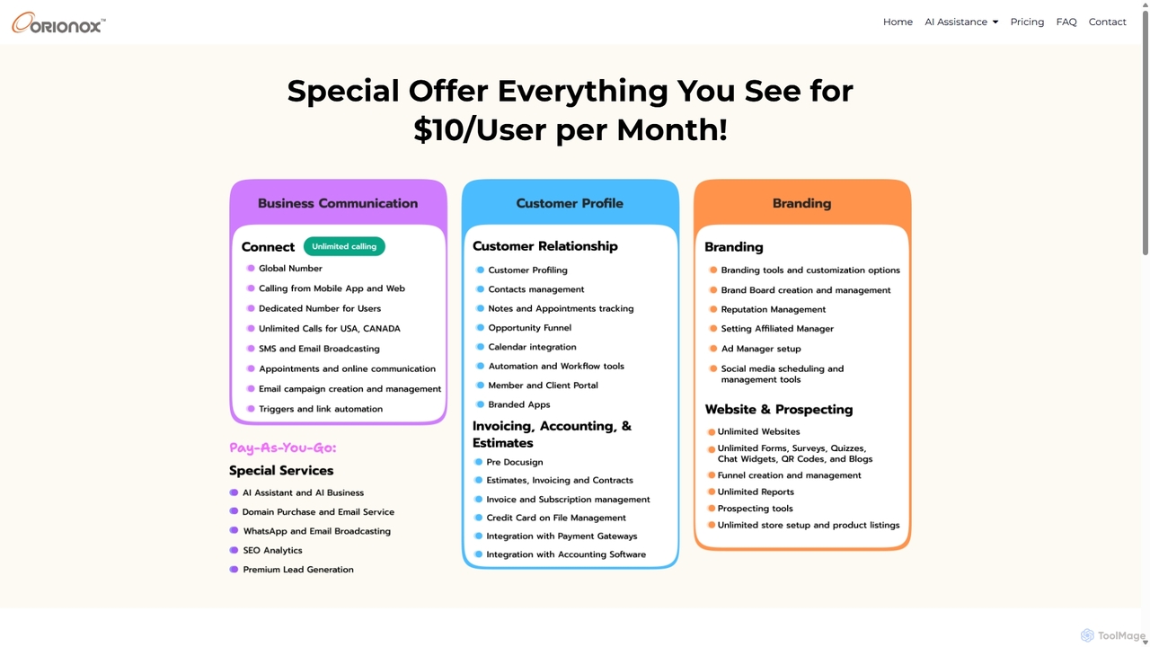 Pricing page for Orionox