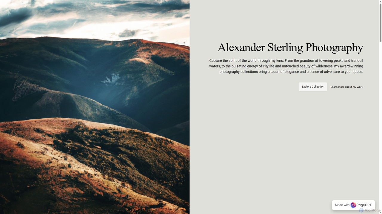 AI-generated Photography Portfolio Landing Page | PageGPT for PageGPT