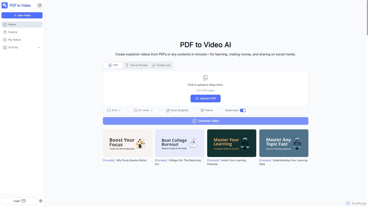 PDF to Video AI:免费在线将 PDF 转换为解说视频 - ToolMage