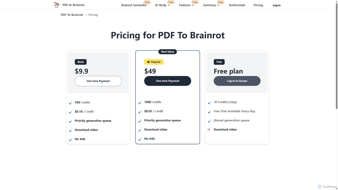 PDF to Brainrot Pricing | PDF To Brainrot for Pdftobrainrot