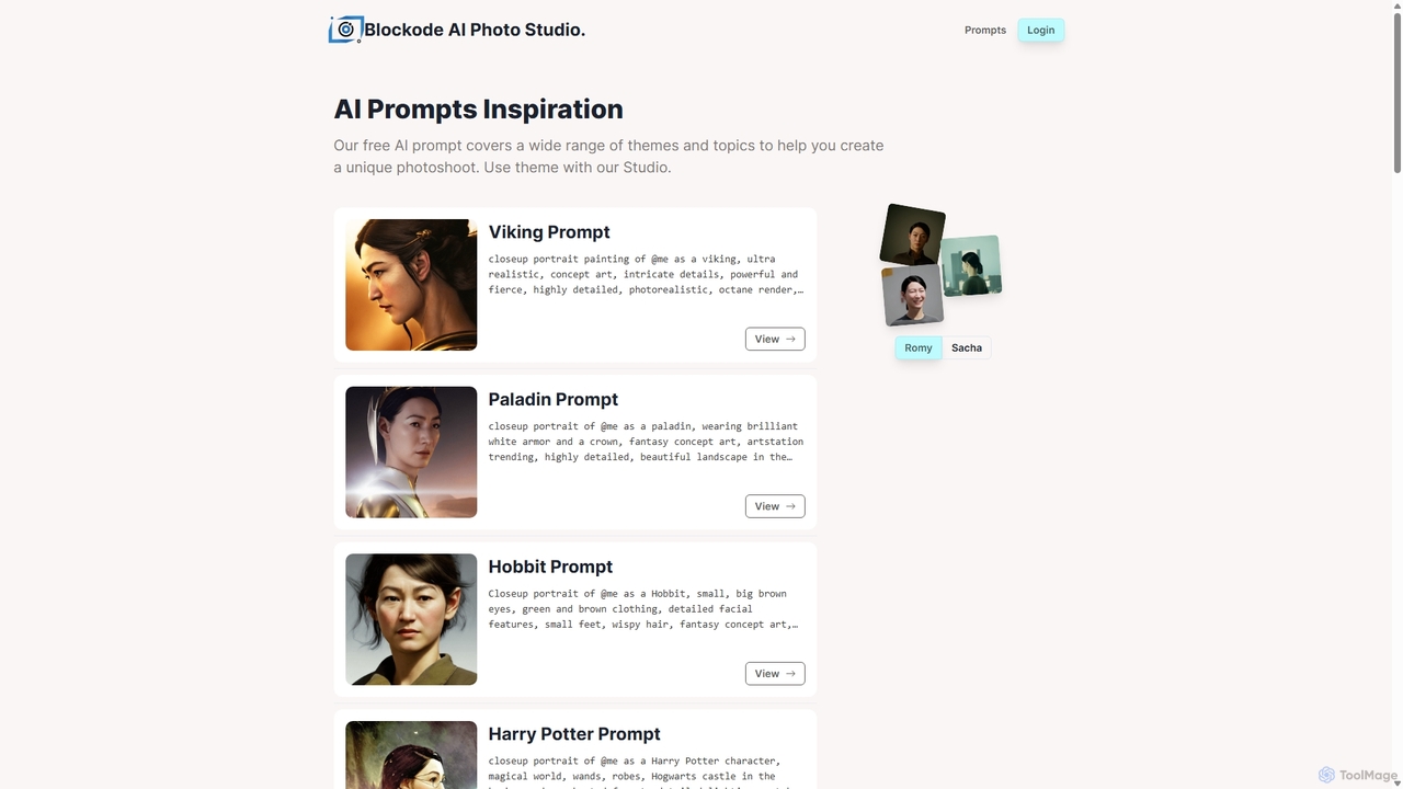 AI Prompts Inspiration - Blockode AI Photo Studio for Photostudio