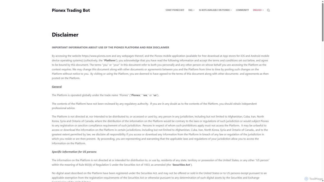 Disclaimer - Pionex Trading Bot for Pionex