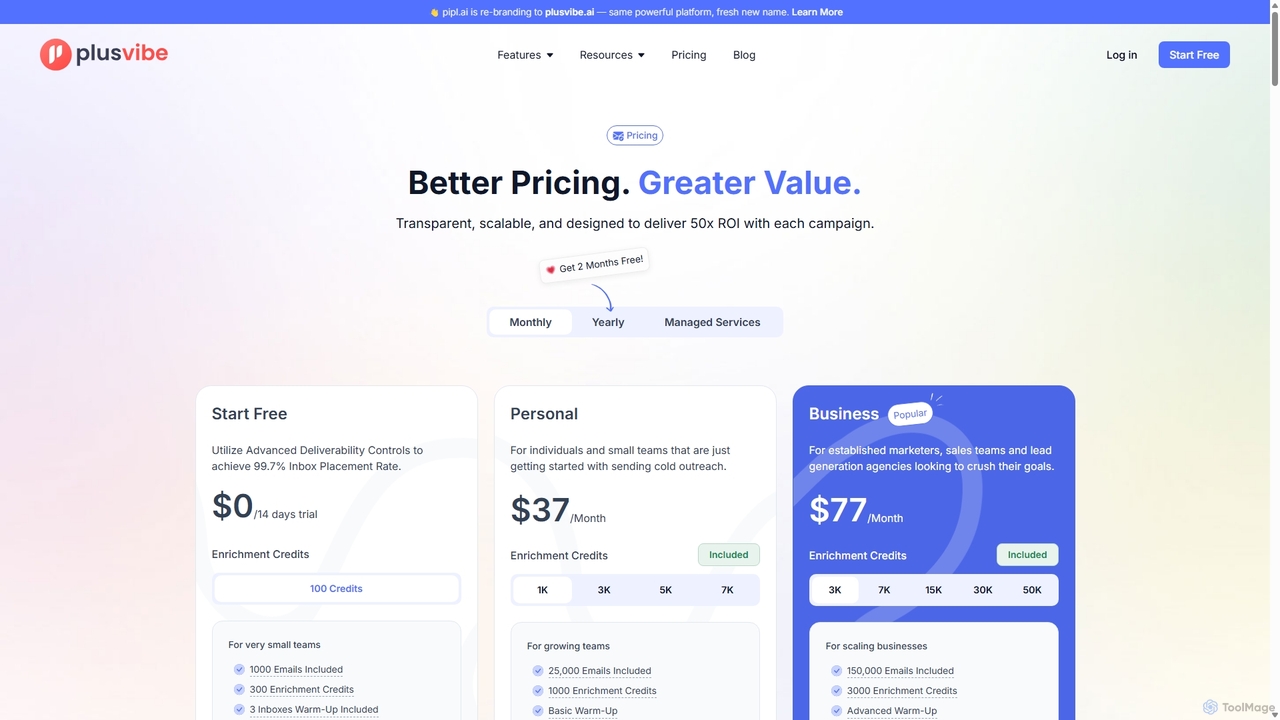 Affordable Cold Email Automation Plans - PlusVibe.ai Pricing for Pipl.ai