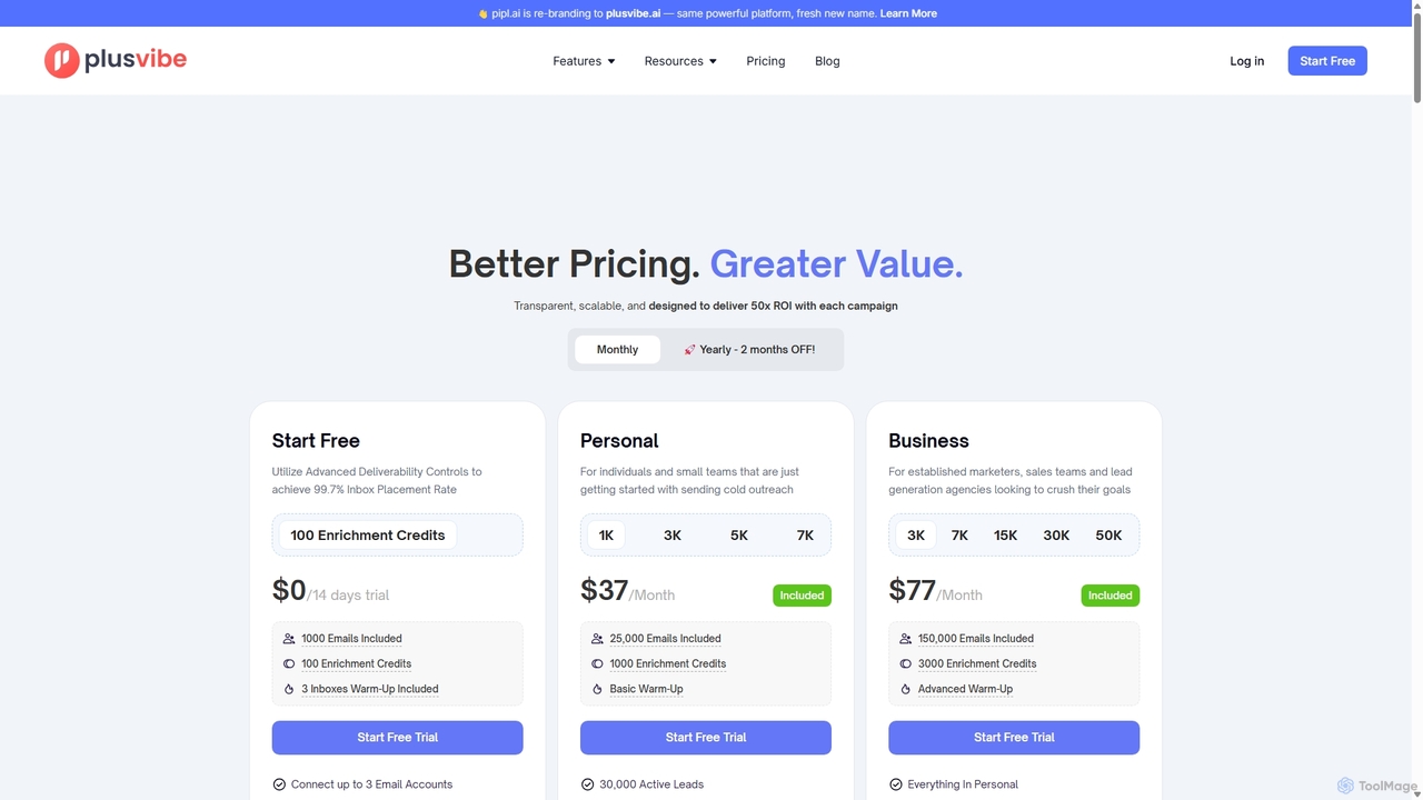 Affordable Cold Email Automation Plans - PlusVibe.ai Pricing for Pipl.ai