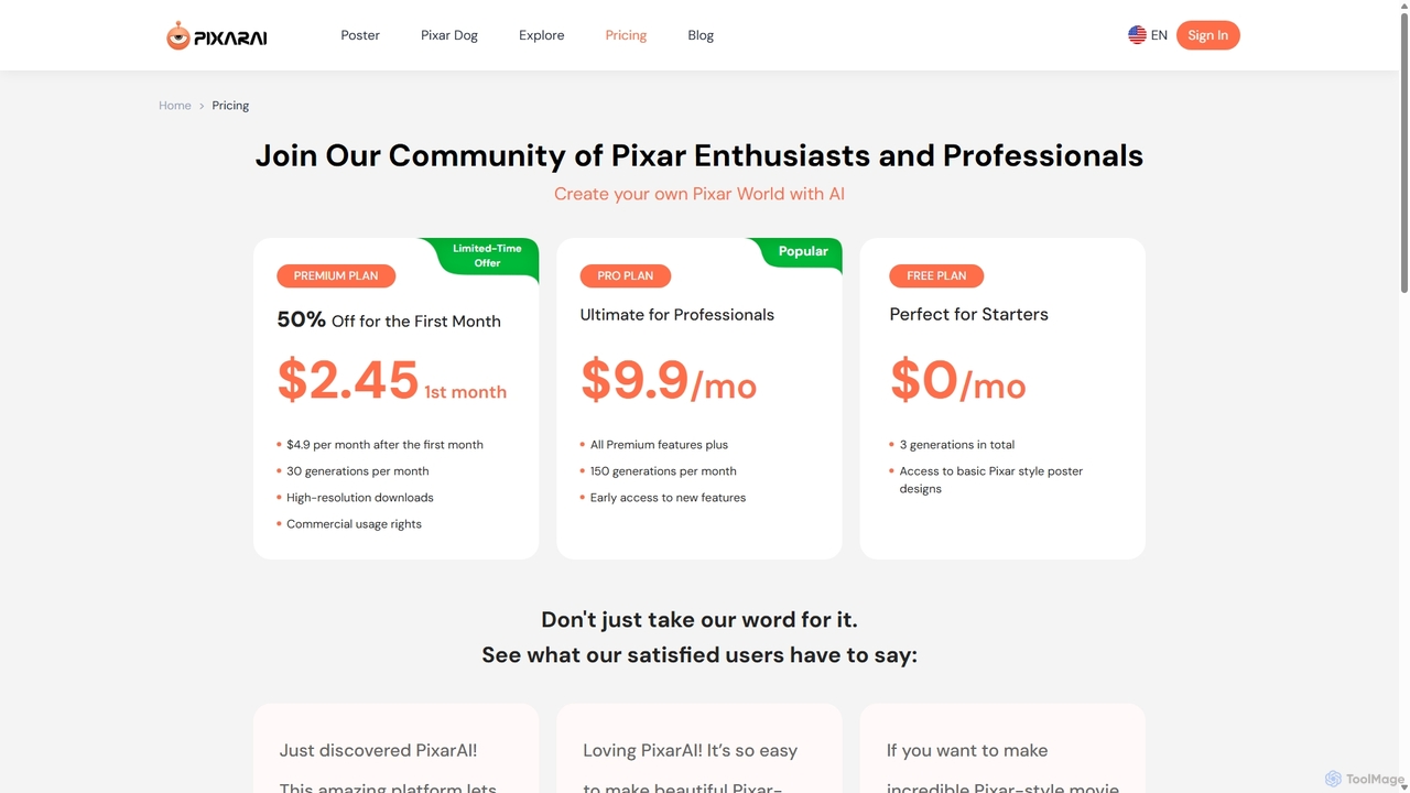 Pricing of AI Disney Pixar Poster Generator | PixarAI for PixarAI