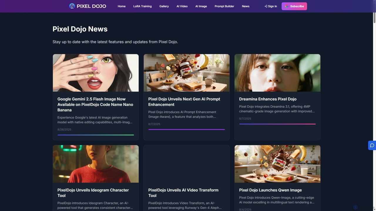 Pixel Dojo AI Image & Video News - Updates & Features for Pixeldojo