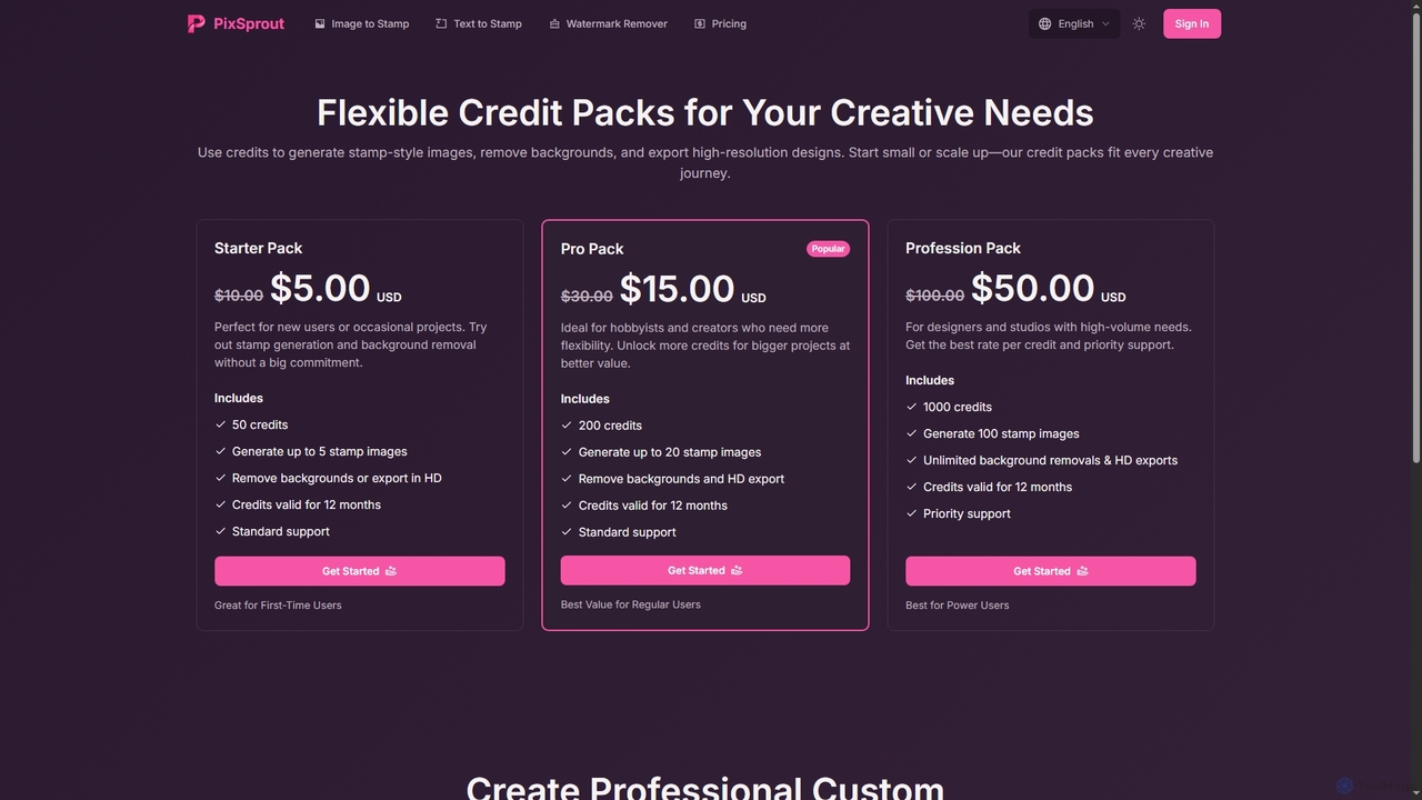 Pricing & Credit Packs | AI Stamp Maker – PixSprout for Pixsprout