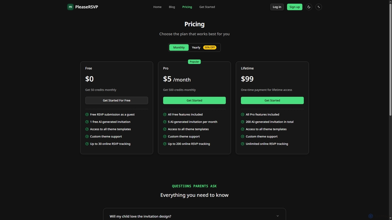 Pricing | PleaseRSVP - AI Party Invitation Generator for PleaseRSVP
