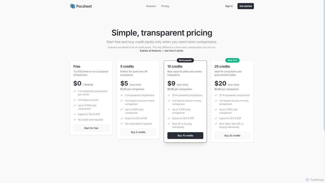 POCsheet Pricing – Free plan + AI comparison credits for POCsheet