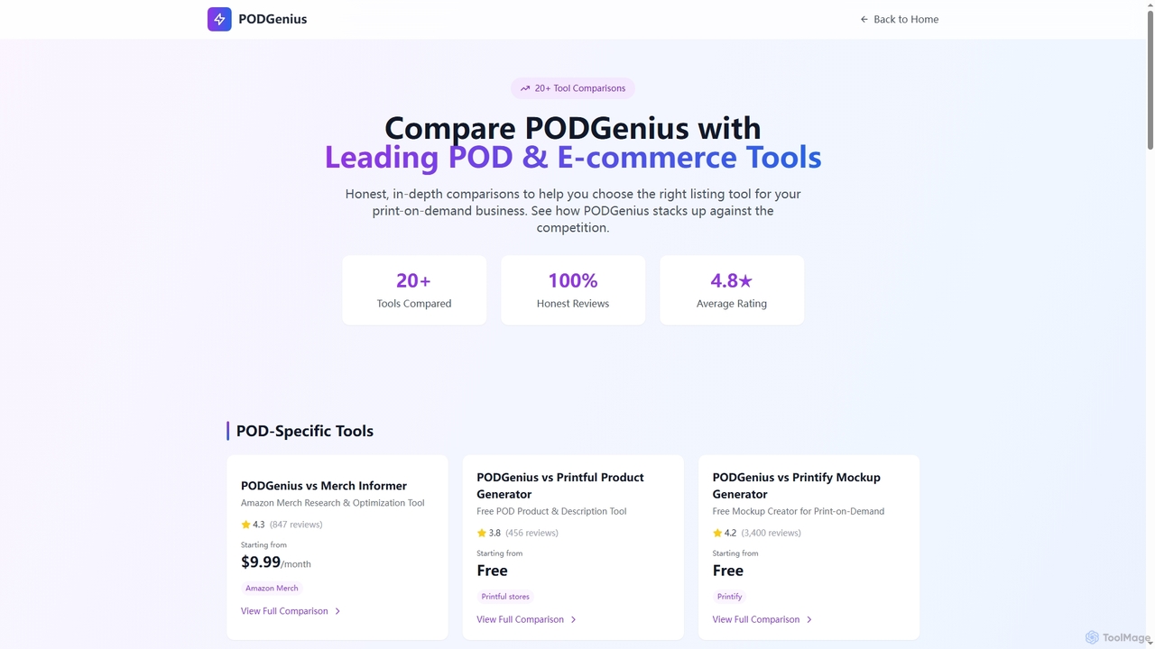 PODGenius vs Competitors - Compare 20+ Print-on-Demand Tools for PODGenius