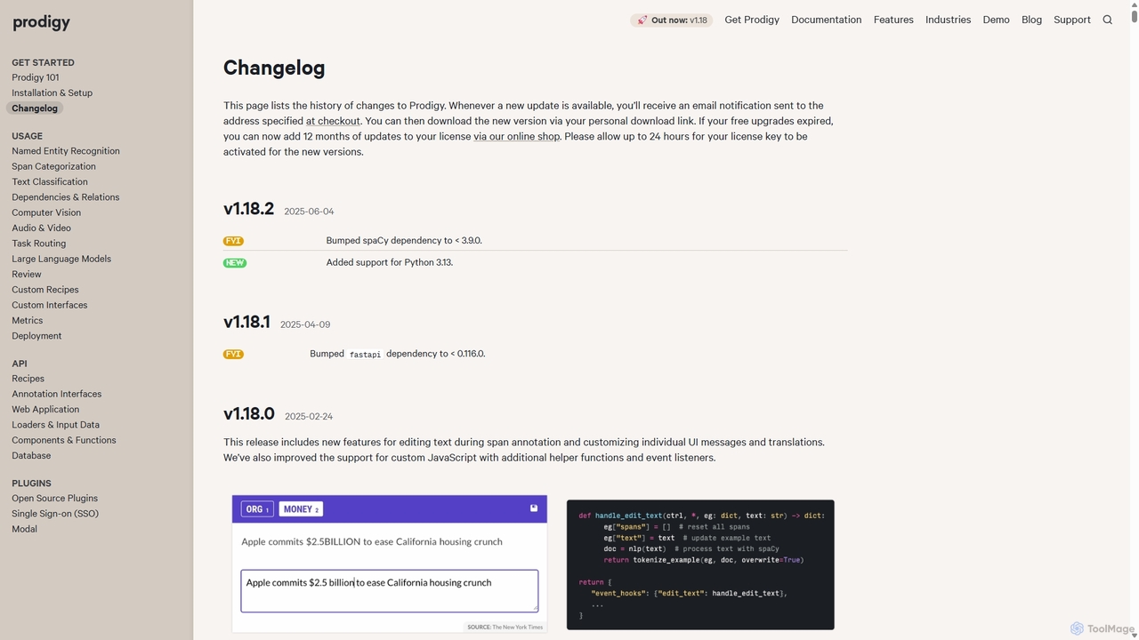Changelog · Prodigy · An annotation tool for AI, Machine Learning & NLP for Prodigy
