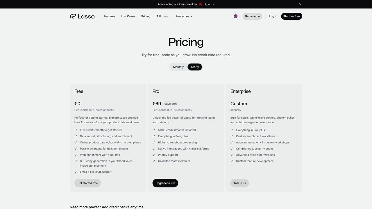 Pricing - Free, Pro & Enterprise Plans | Lasso AI for ProductLasso