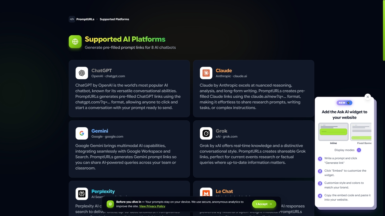 Supported AI Platforms — ChatGPT, Claude, Gemini & More | PromptURLs for PromptURLs