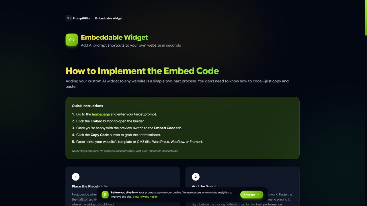 Add AI Prompt Widget to Your Website — Free Embed Code | PromptURLs for PromptURLs