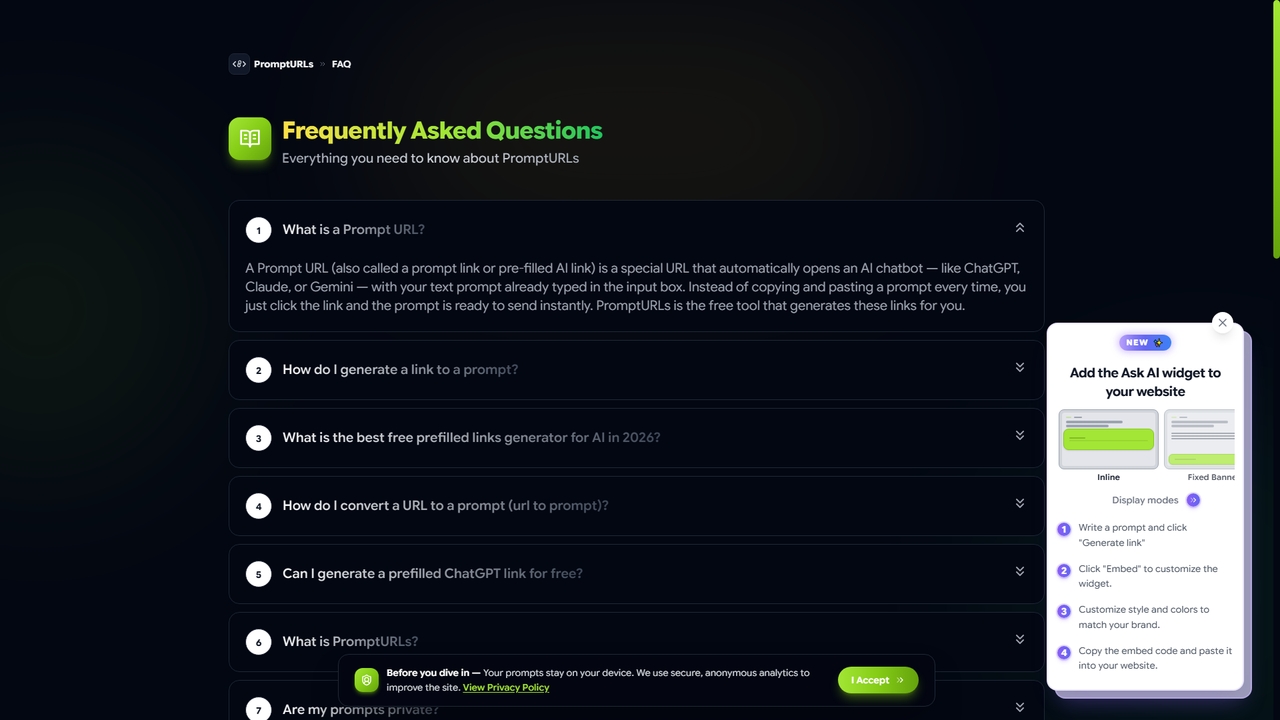 Frequently Asked Questions — PromptURLs | Free AI Prompt URL Generator for PromptURLs