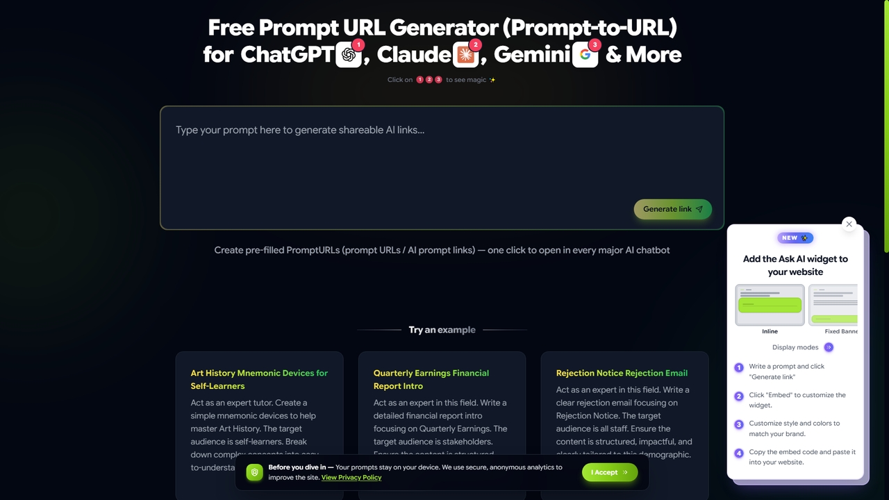 Prompt-to-URL Generator (2026) — Free Prompt URL & Prompt Link Generator | PromptURLs for PromptURLs