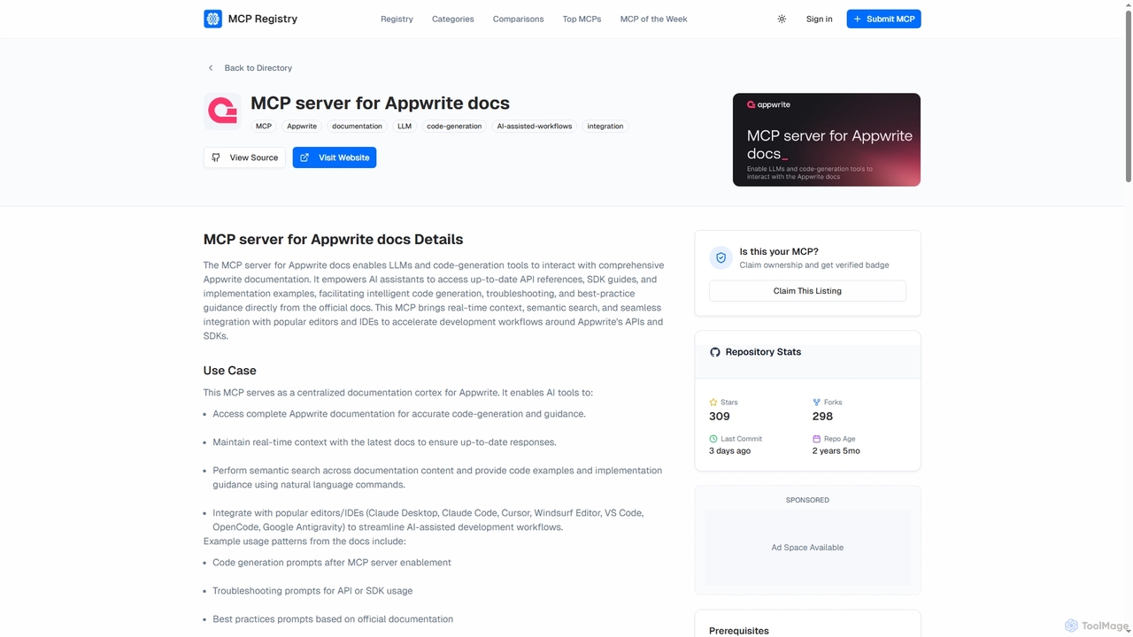 MCP server for Appwrite docs MCP Server - Configuration & Setup Guide | Public MCP Registry for Public MCP Registry